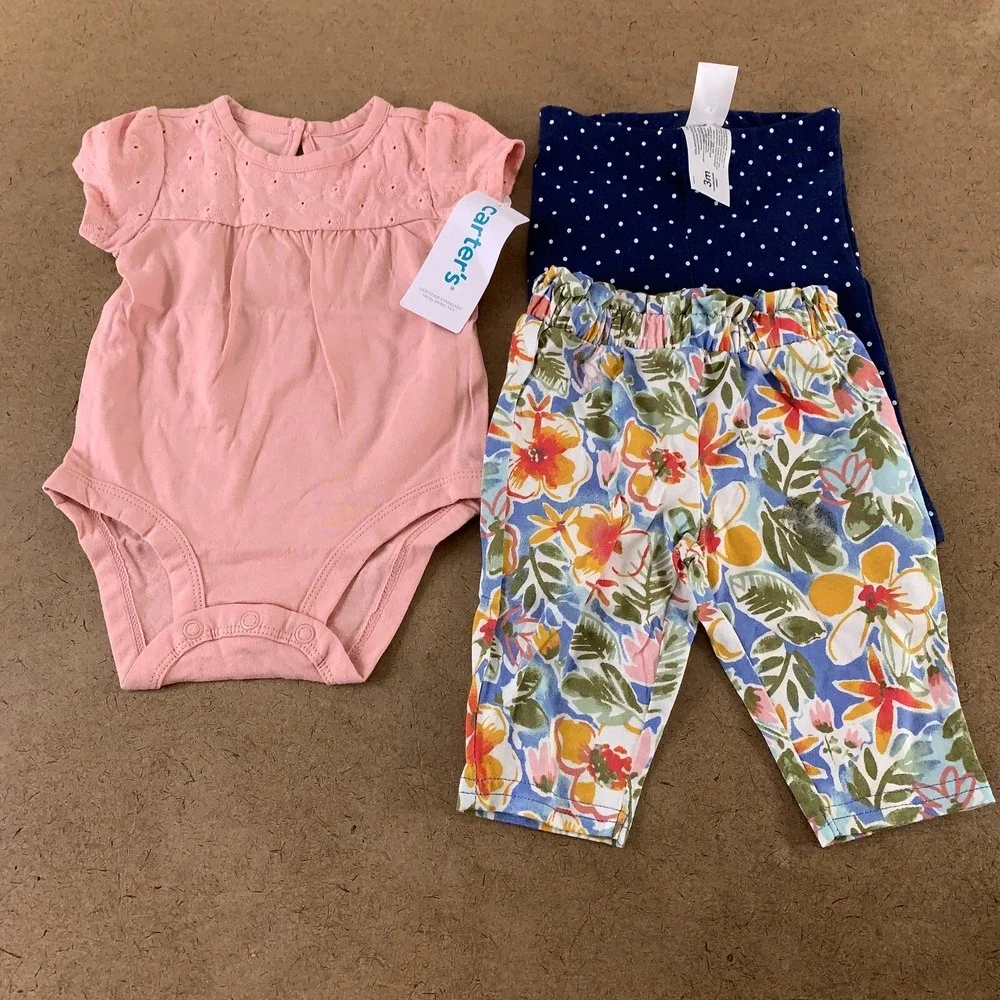 Carter's‎ Baby Girl Size 3 Months Colorful Printed 3 Piece Bodysuit Pant Set NWT